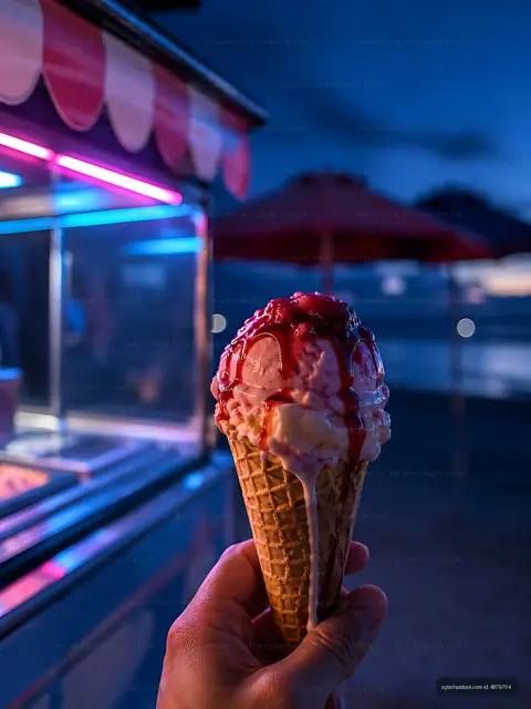 Ice cream cone with syrup at beachside evening stand