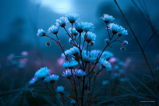 Blue flowers in a misty field during early morning