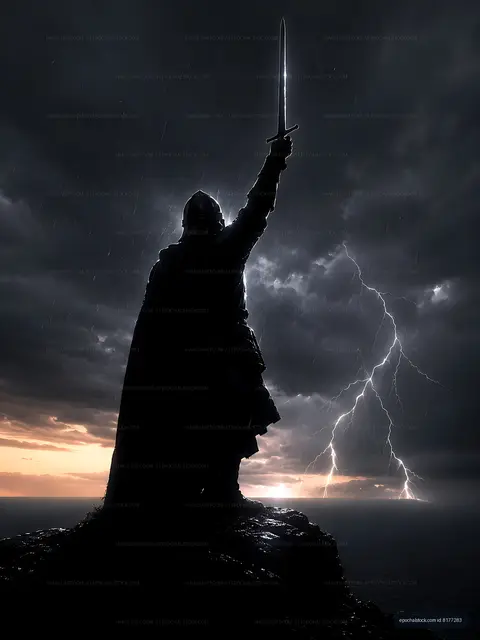 Warrior holding sword against stormy sky