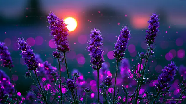 Lavender field at sunset with soft glowing bokeh effect