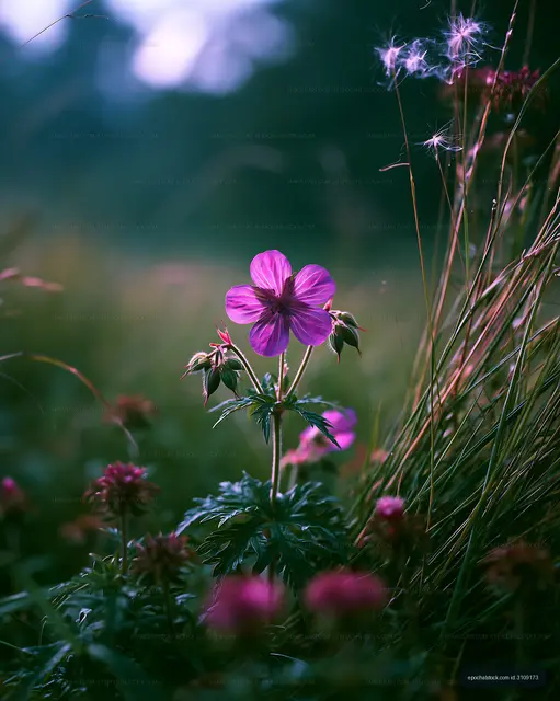 Purple flower blooming in a field during the early morning