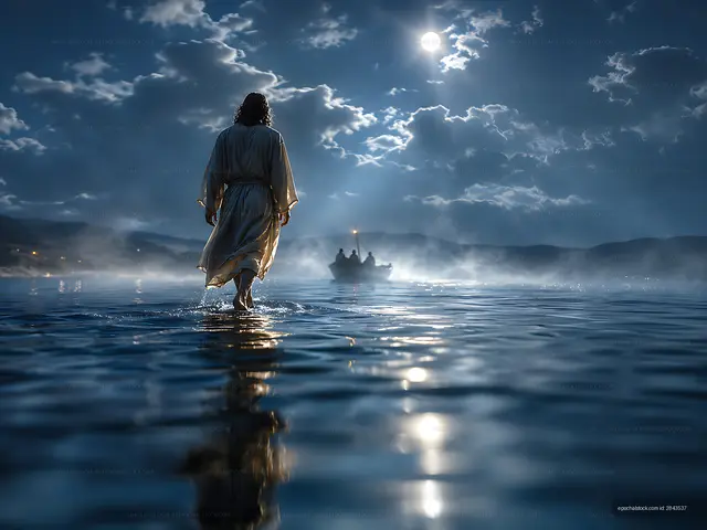 Person walking on water at night with boat in the background