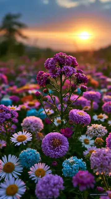 Colorful flowers in a field during sunset