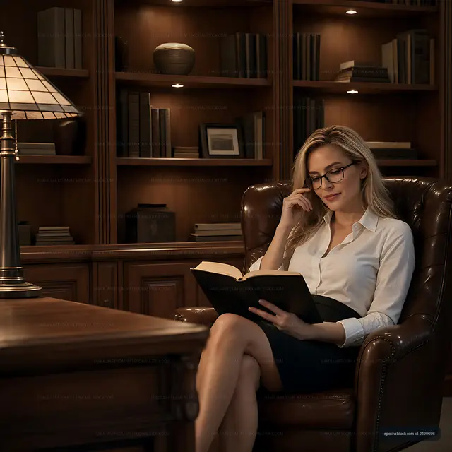 Woman reading book in library with warm lighting