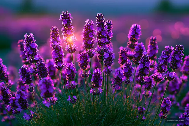 Lavender flowers bloom in a field at sunset with soft light
