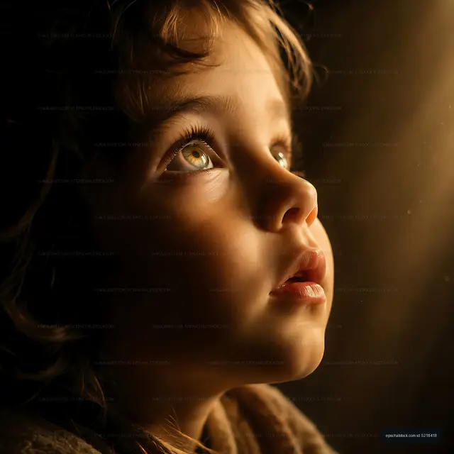 Child looking up with wonder in soft light