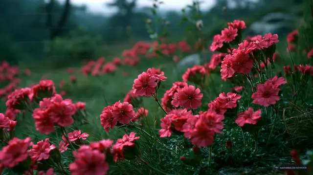 Red flowers blooming in a green meadow during overcast weather