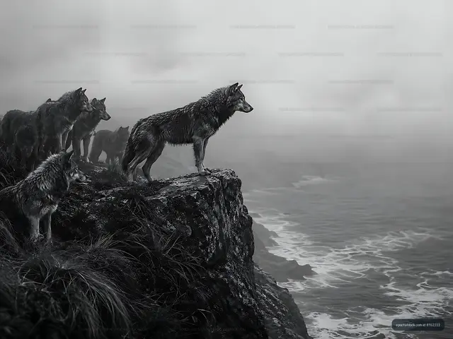 Wolves standing on rocky shore watching the ocean waves