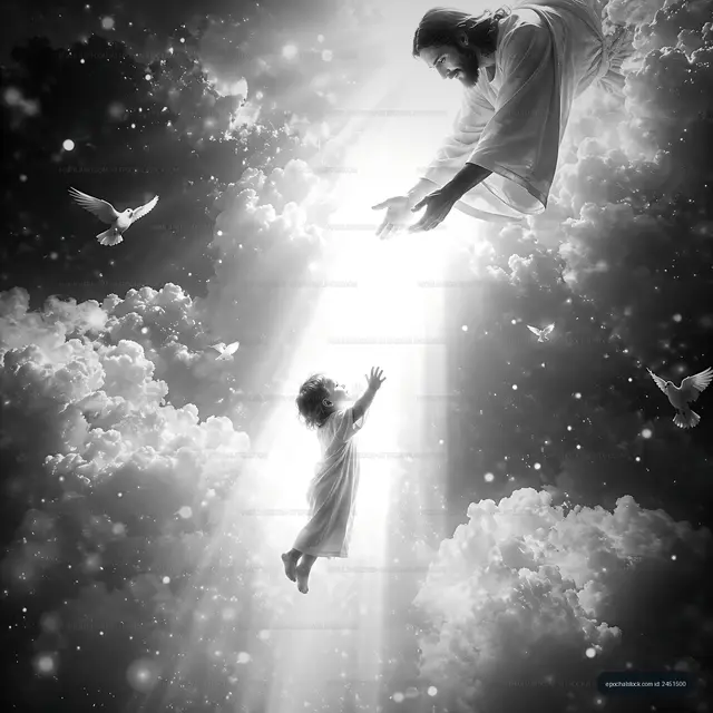 Father and child reaching out in a cloud-filled sky