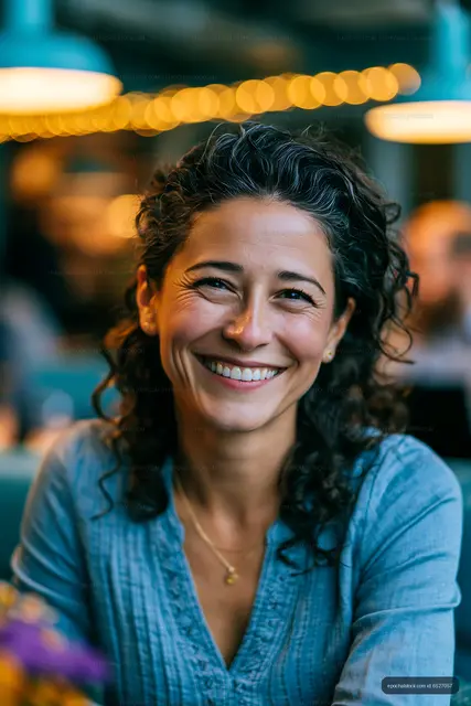 Happy woman smiling at cafe during evening with soft lights