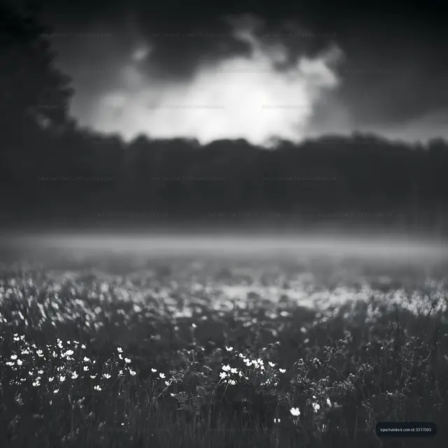Foggy meadow with wildflowers under a cloudy sky