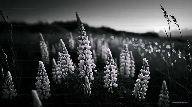 Lupine flowers blooming in a field at dusk
