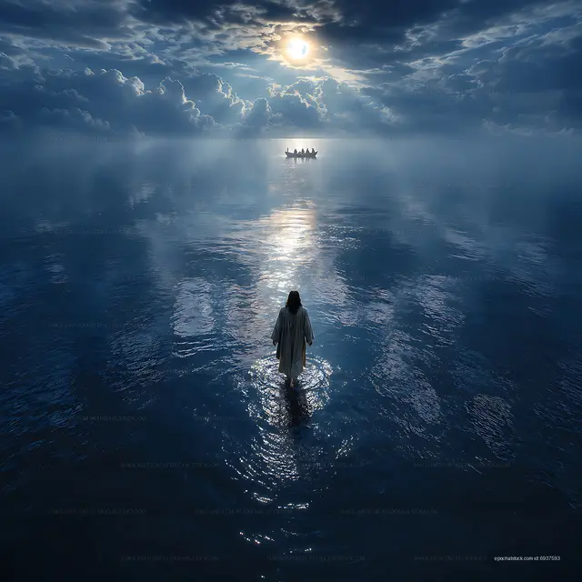 Figure walking in water under moonlight with a boat in the distance