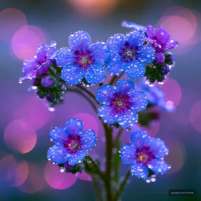 Blue flowers with droplets in soft focus background