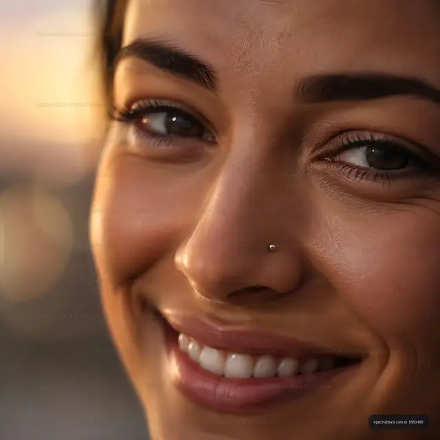 Woman smiling at sunset, close-up of face