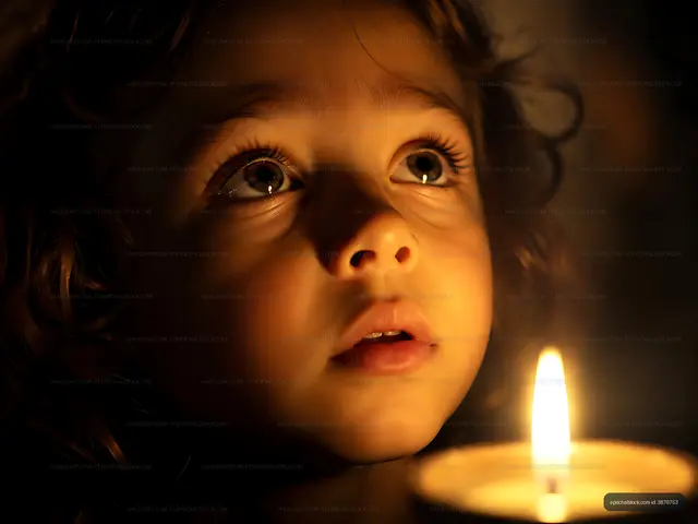Child gazes at candlelight in a dimly lit room