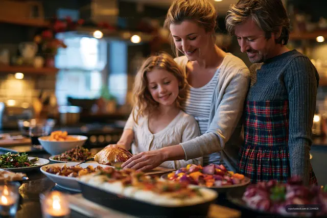 Family sharing food in a cozy kitchen during evening meal