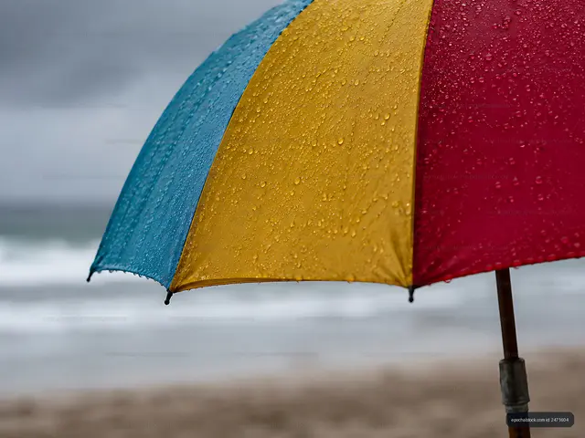 Colorful umbrella on beach during rainy day