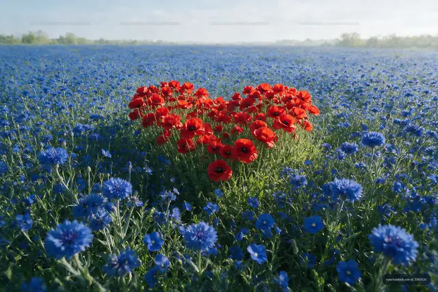 Red flowers form heart shape in blue flower field