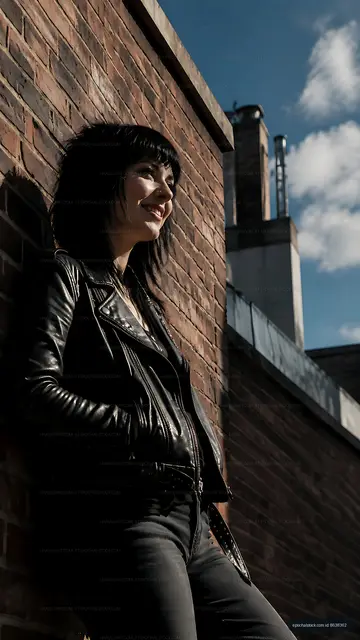Woman in leather jacket standing by a brick wall under blue sky