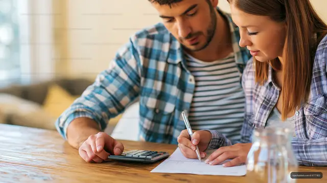 Couple working together at home on budget planning
