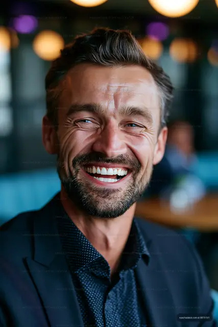 Smiling man in a suit sitting in a modern cafe
