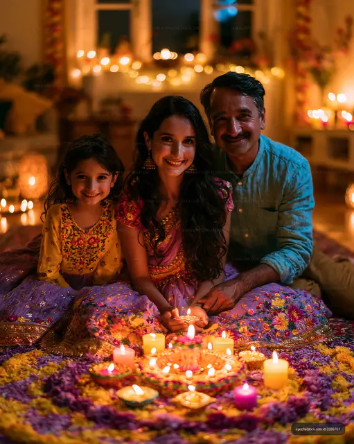 Family celebrating with candles and flowers during a festival