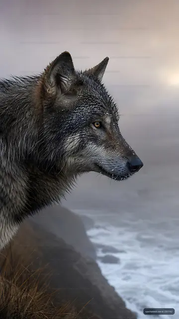 Wolf standing near ocean at sunrise