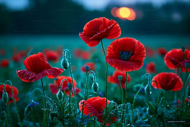 Vivid red poppies in a field at sunset