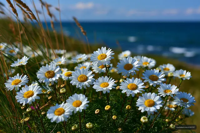Daisies bloom near ocean waves under a blue sky