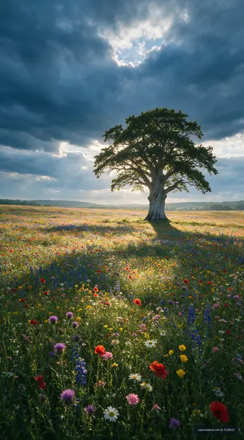 Green tree on field of flowers under cloudy sky