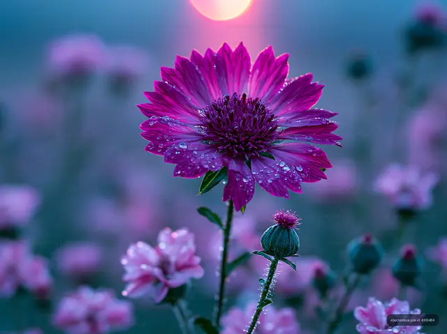 Pink flower with dew drops in a field at sunset