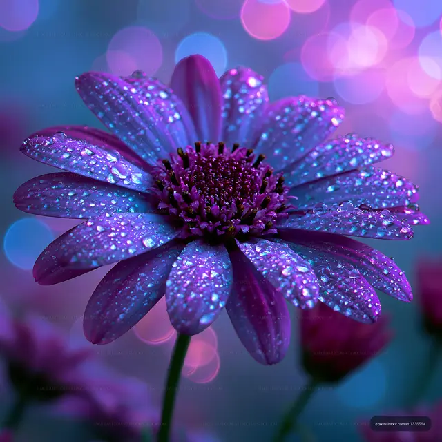 Close-up of purple flower with dew drops and blurred background