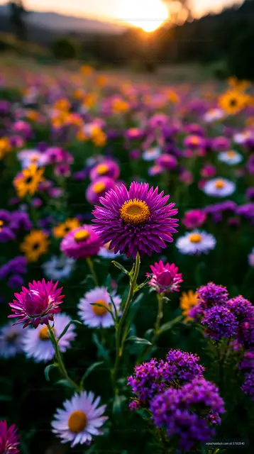 Colorful wildflowers bloom during sunset in a field