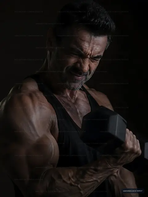 Muscular man lifting dumbbell in dark gym setting