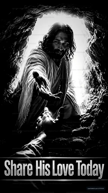 Man reaching out from a cave in black and white setting