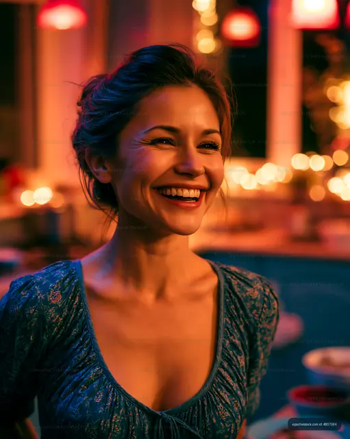 Joyful woman smiles in a warm indoor setting with lights
