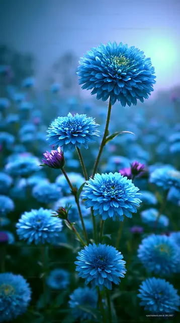 Blue flowers in a field during early morning light