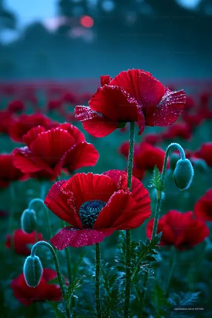 Red poppies with dew in a flower field at dawn