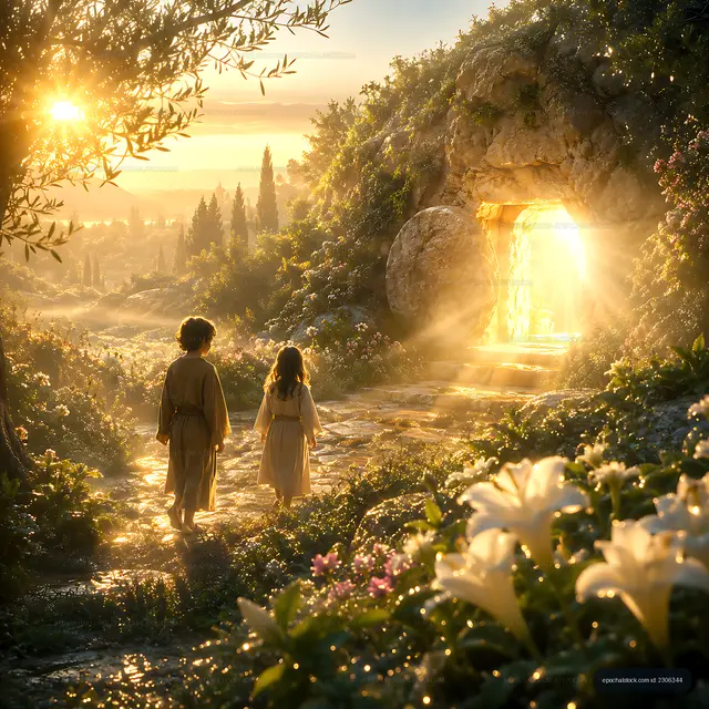 Children walking on a path during sunrise near a glowing cave