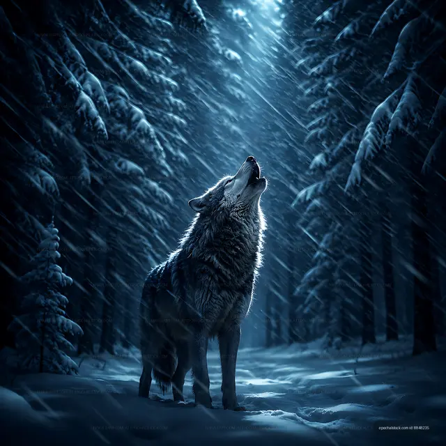 Wolf howling in a snowy forest during nighttime