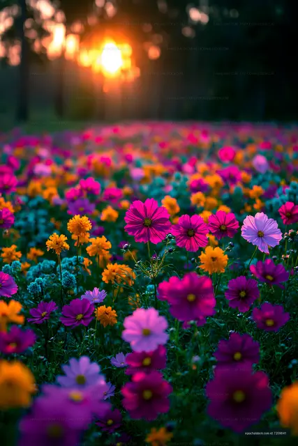 Colorful flowers bloom in a field at sunset