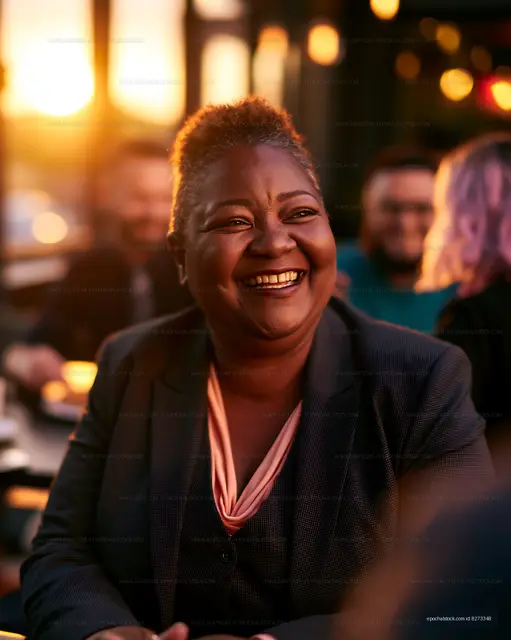 Woman smiling at a gathering during sunset in a lively setting