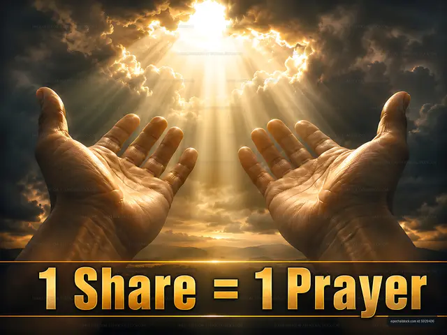 Hands reaching towards light with text about sharing and prayer