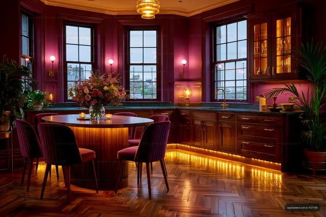 Elegant kitchen with purple walls and wooden accents at dusk