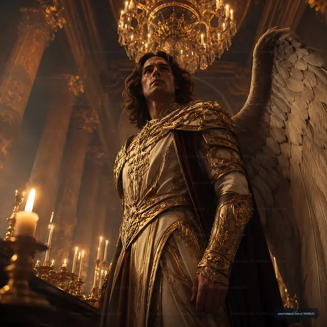 Angel standing in a grand hall with candles and chandeliers