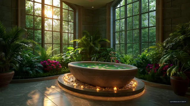 Spa setting with a stone tub surrounded by plants and sunlight