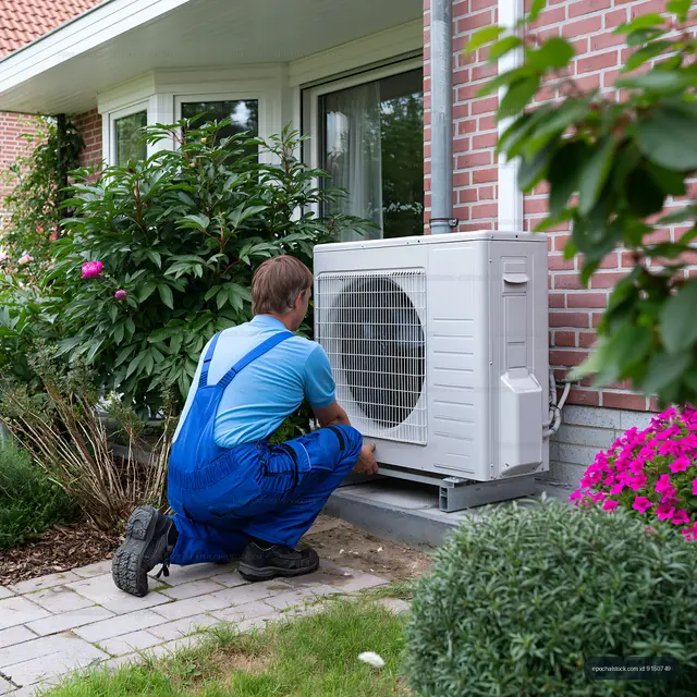 Technician servicing outdoor air conditioning unit at residence