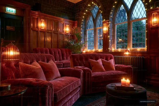 Cozy sitting area with soft lighting and vintage decor