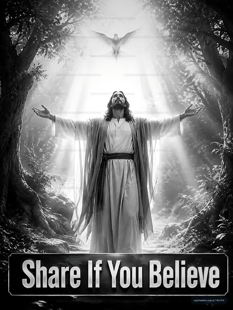 Jesus with arms raised in a forest under sunlight
